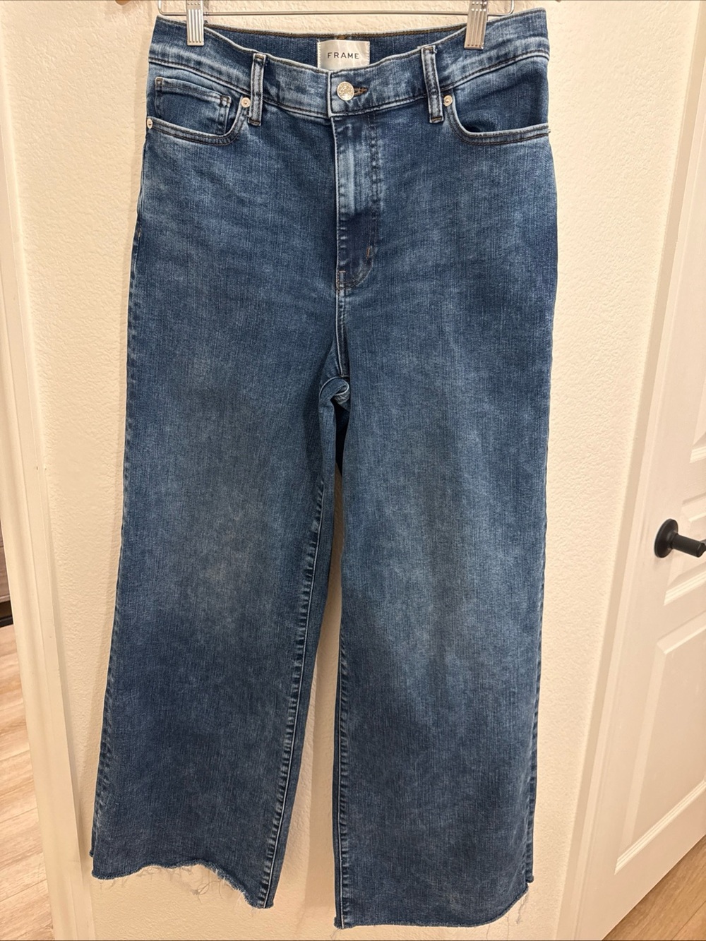 Frame Le Slim Palazzo Jeans Womens 30 Blue Denim Raw Hem - Canals Raw After - Picture 2 of 16